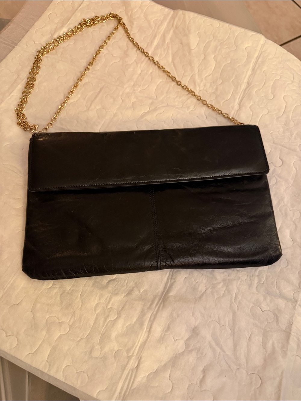 Charles Jourdan Black Leather Foldover Shoulder Clutch with Gold Chain